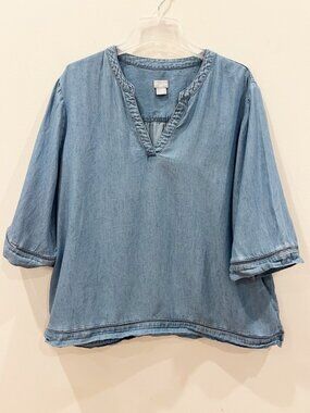 Chicos Top Womens 4 XXL Blue Chambray Linen Blend Crochet Trim Boho Beachy Flowy